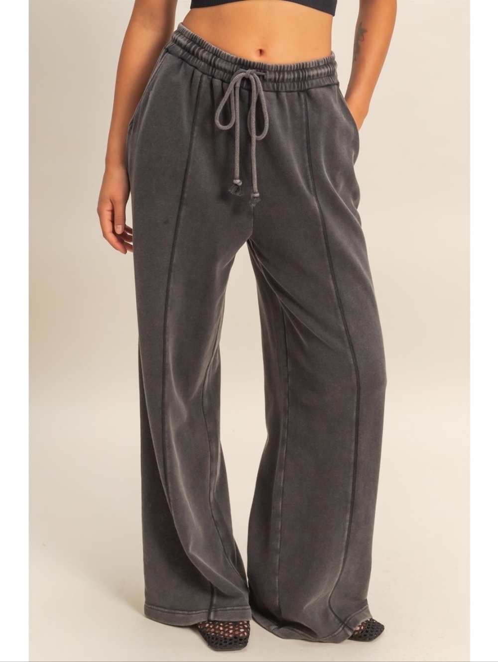 Double Zero Charcoal Black Cotton Blend French Terry Wide Leg Acid Wash Joggers